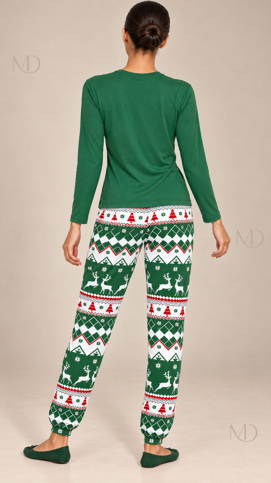Noemi Reindeer Pajama Set — Green model back