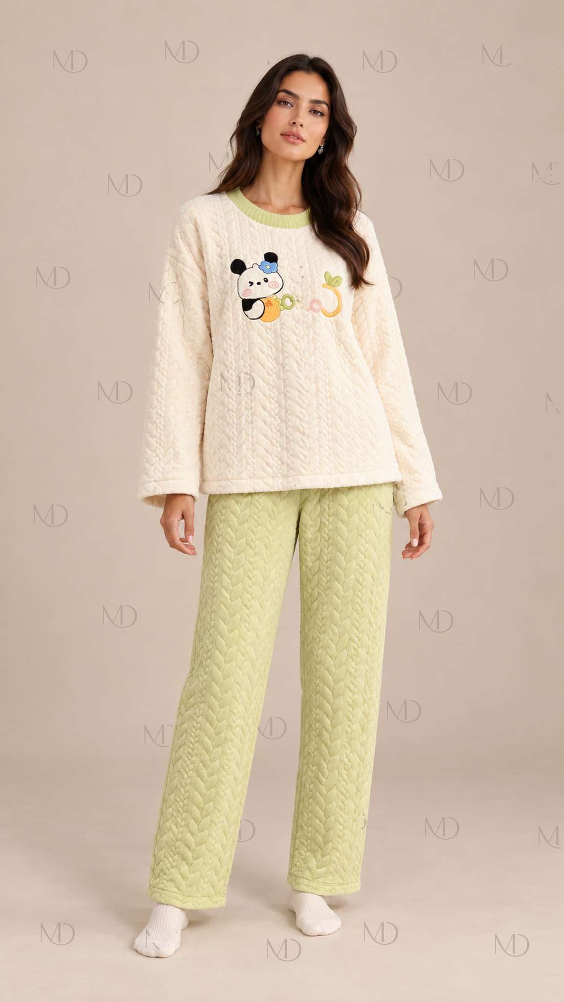 Cocoa Padded Cartoon Pajama Set — Green model front