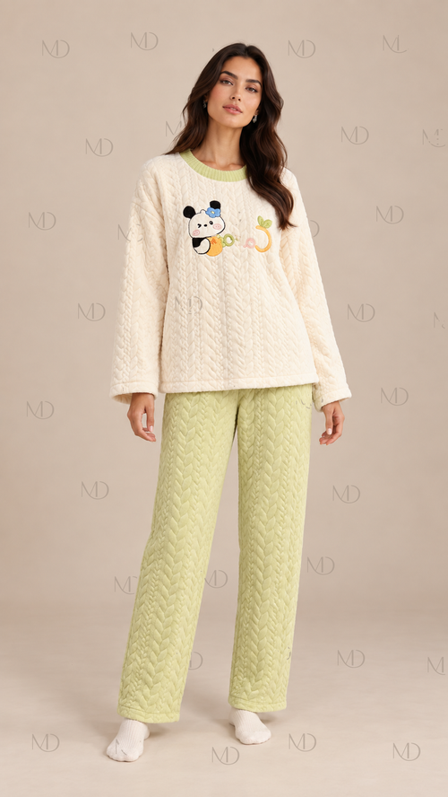 Cocoa Padded Cartoon Pajama Set — Green model front