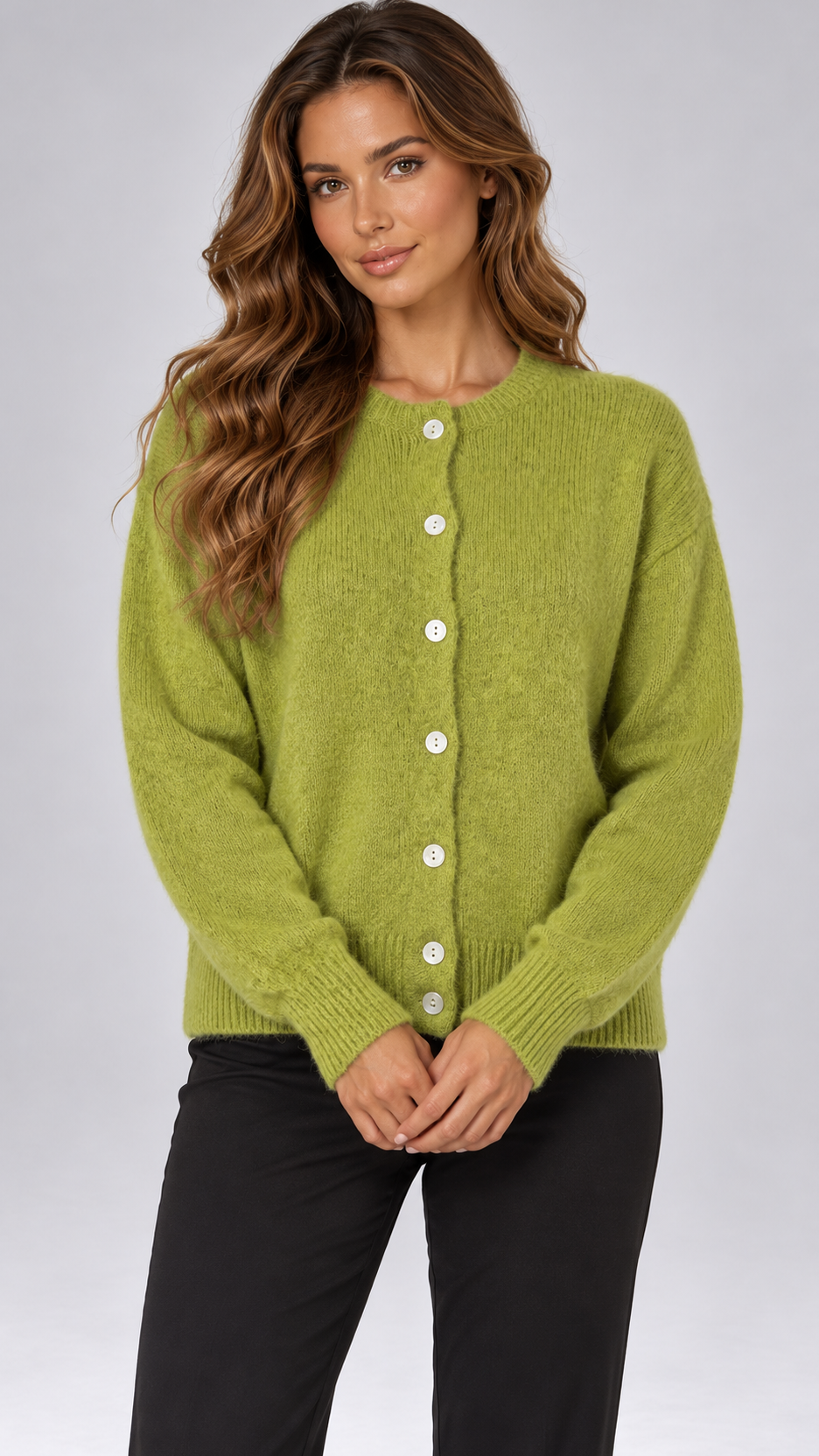 Celestine Shell-Button Cardigan — Green model front