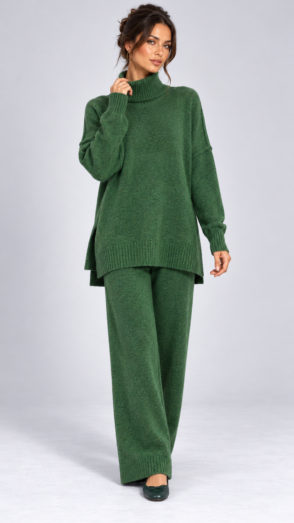 Iolanthe Split-Hem Knit Set — Green model front