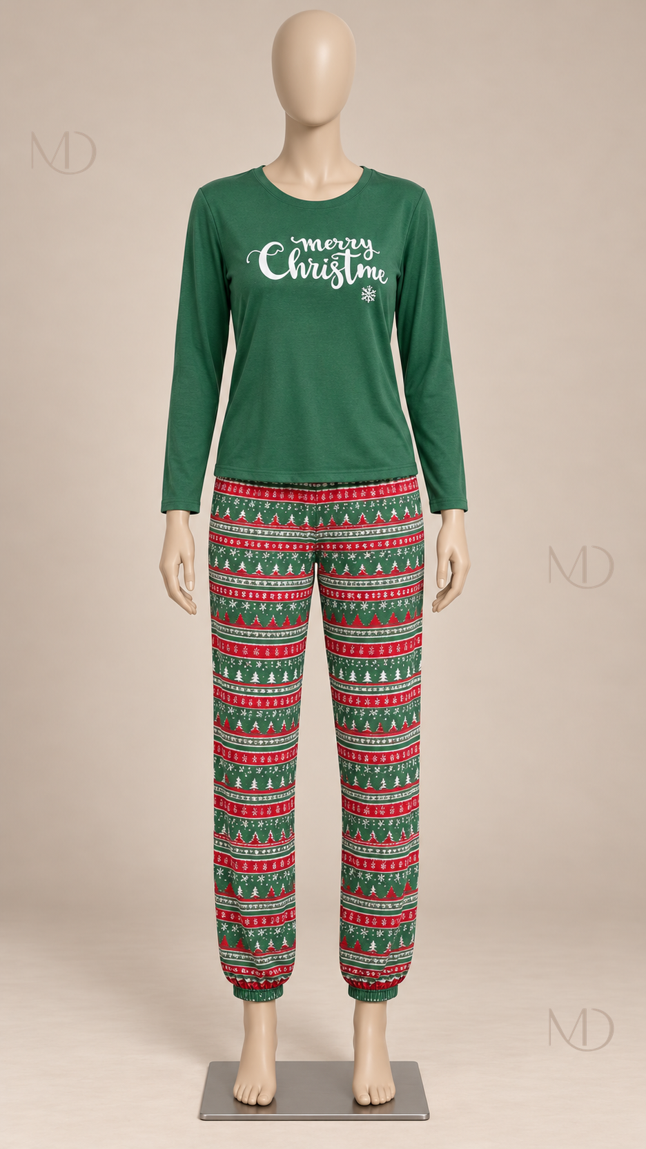 Noemi Reindeer Pajama Set — Green Plaid mannequin front