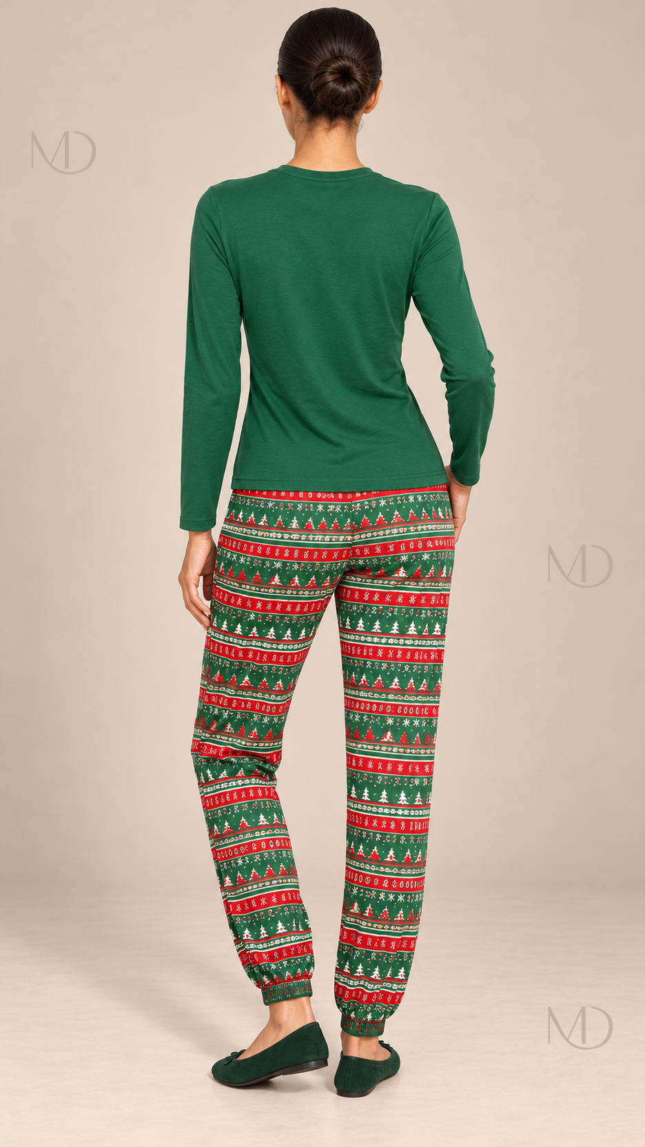 Noemi Reindeer Pajama Set — Green Plaid model back