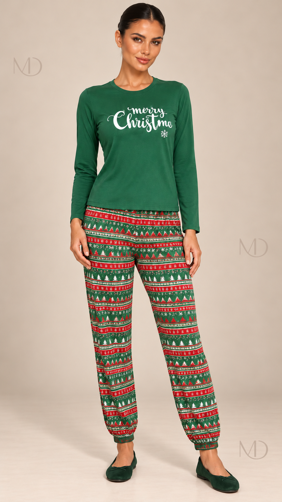 Noemi Reindeer Pajama Set — Green Plaid model front