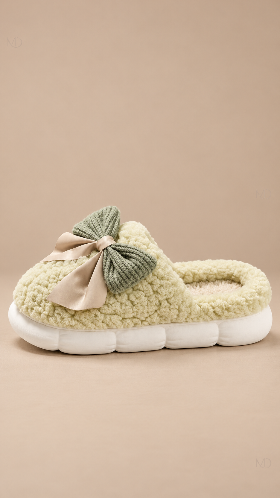 Primrose Bow Plush Slippers — Green shoe side