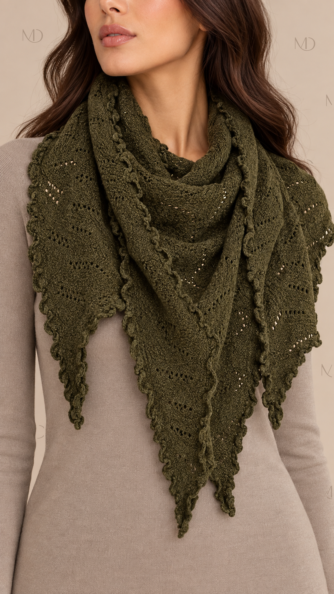 Elowen Pointelle Triangle Scarf — Green worn closeup