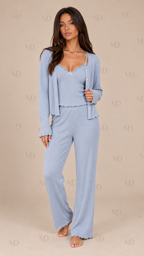 Elowen Knit Three-Piece Pajama Set — Haze Blue model front