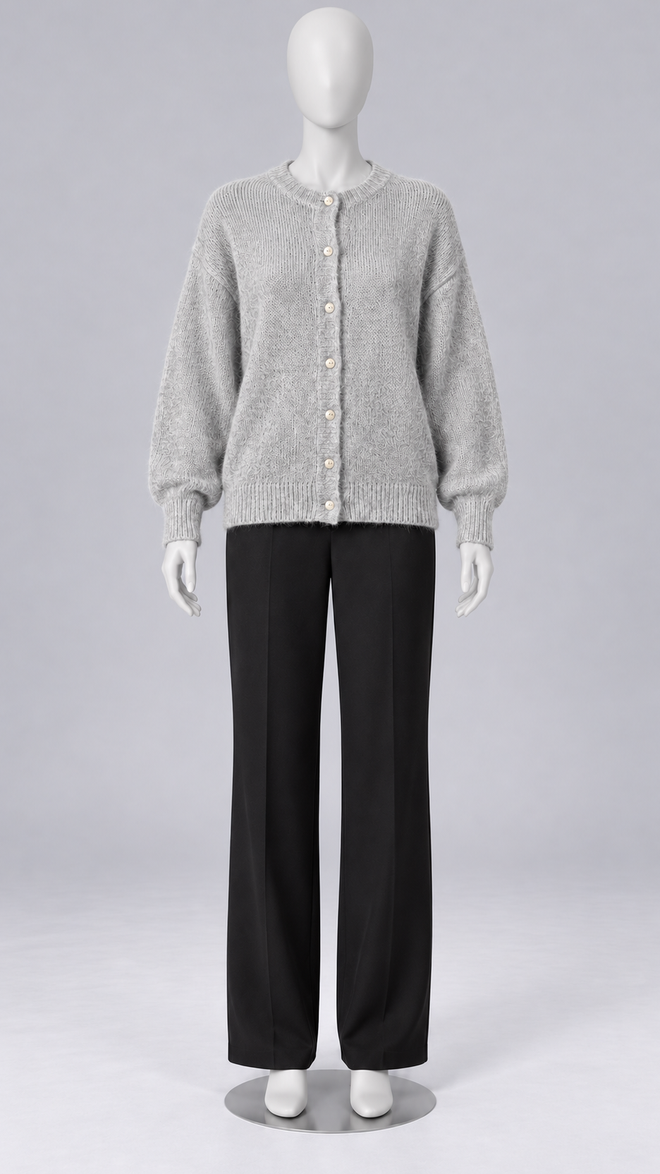 Celestine Shell-Button Cardigan — Heather Gray mannequin front