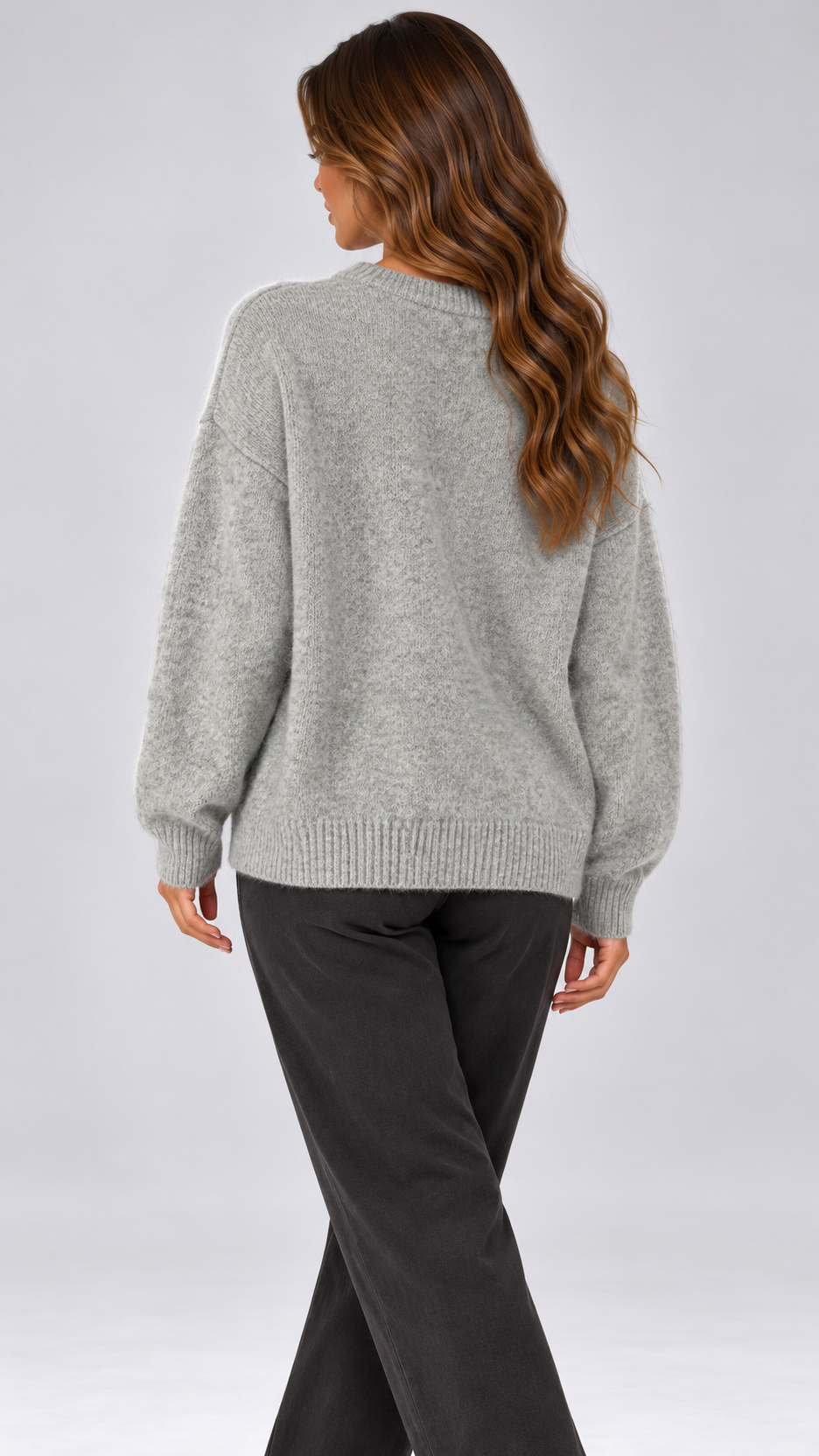 Celestine Shell-Button Cardigan — Heather Gray model back
