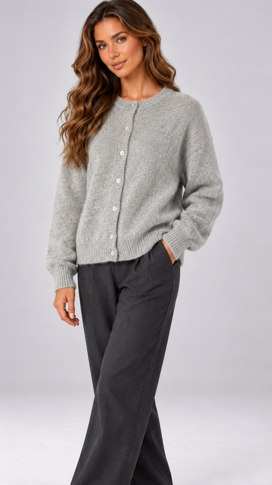 Celestine Shell-Button Cardigan — Heather Gray model front