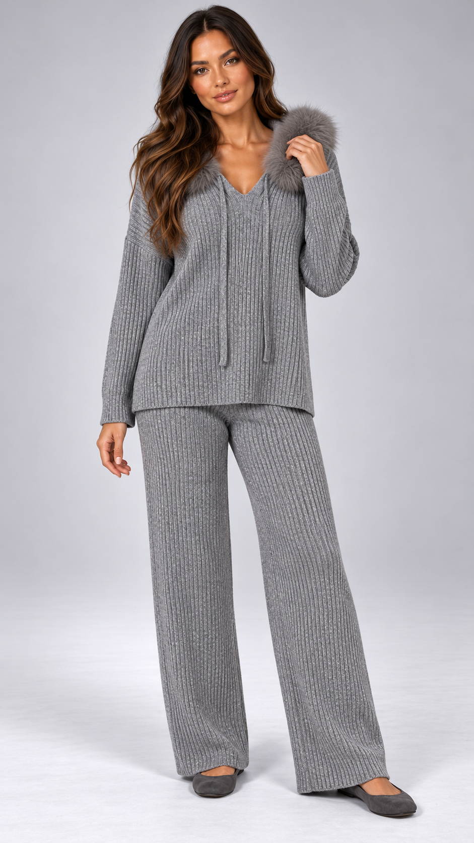 Wilma Fox-Hood Knit Set — Heather Gray model front