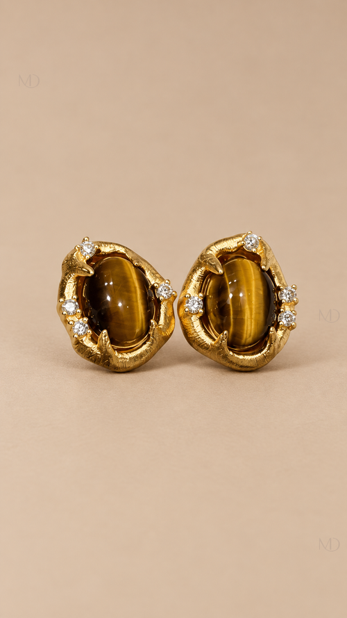 Idris Tiger Eye Earrings Gold — pair studio photograph