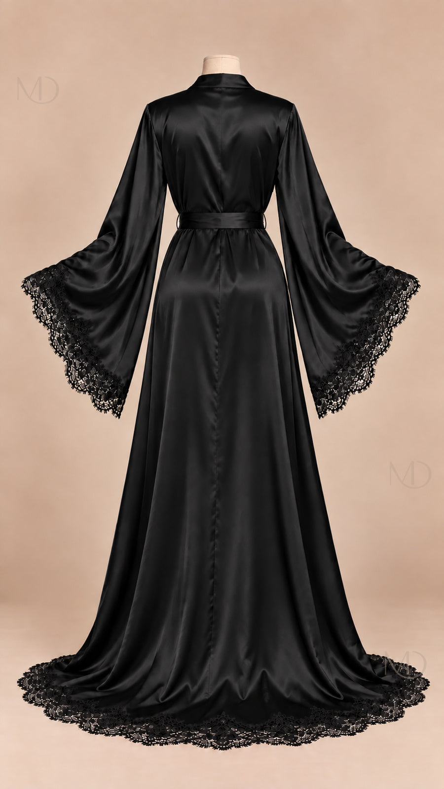Isolde Lace Satin Robe black mannequin back