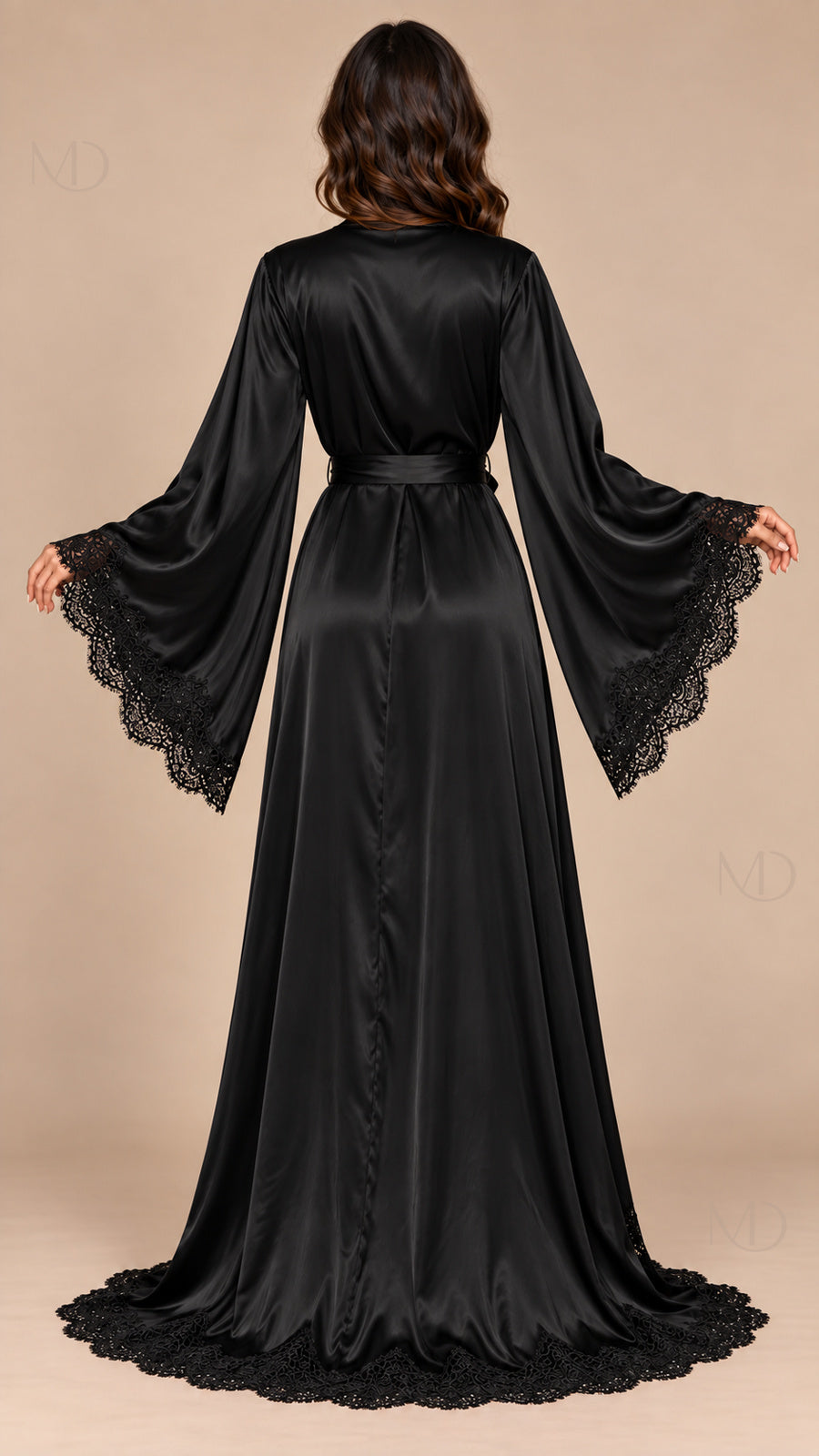 Isolde Lace Satin Robe black model back