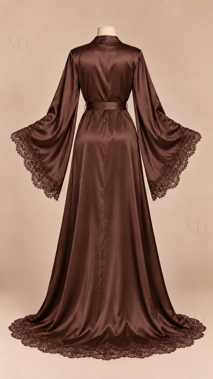 Isolde Lace Satin Robe chocolate mannequin back
