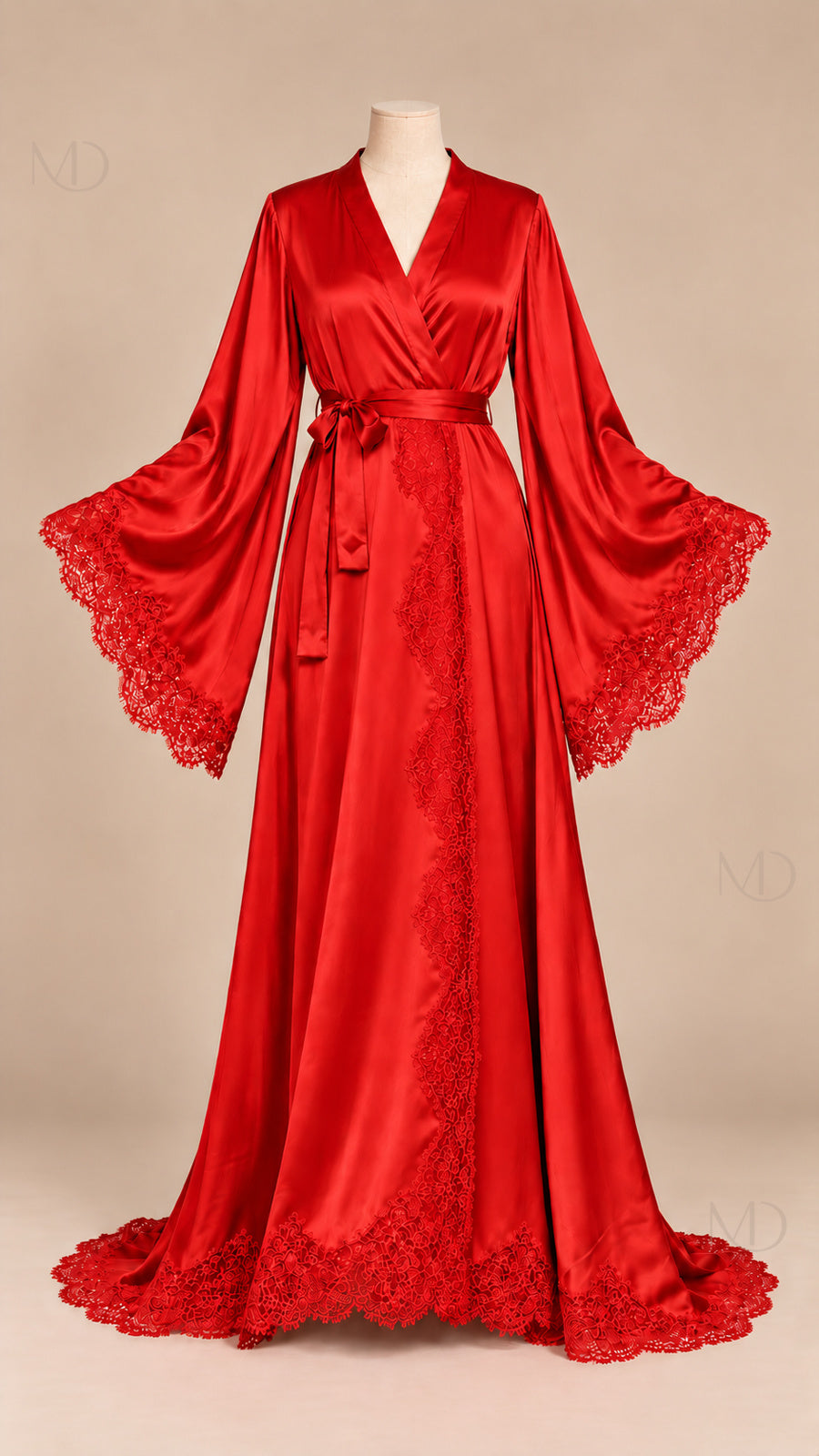 Isolde Lace Satin Robe red mannequin front