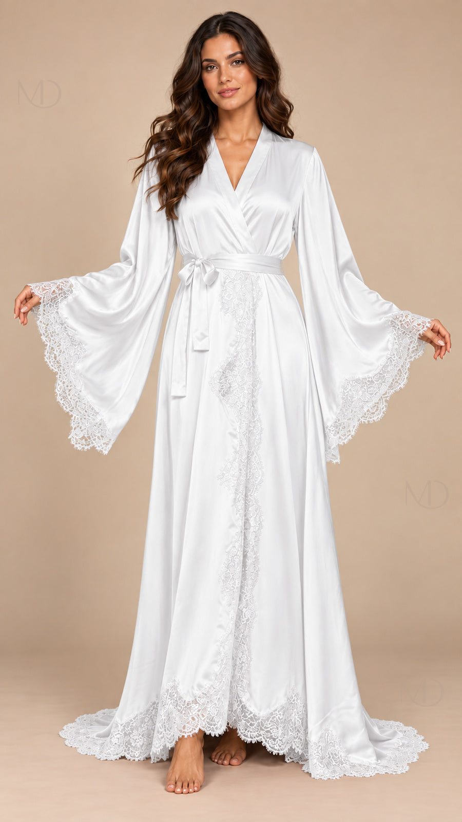 Isolde Lace Satin Robe white model front
