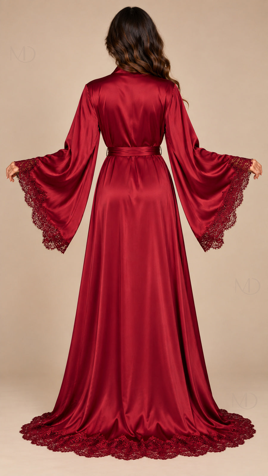Isolde Lace Satin Robe wine red model back