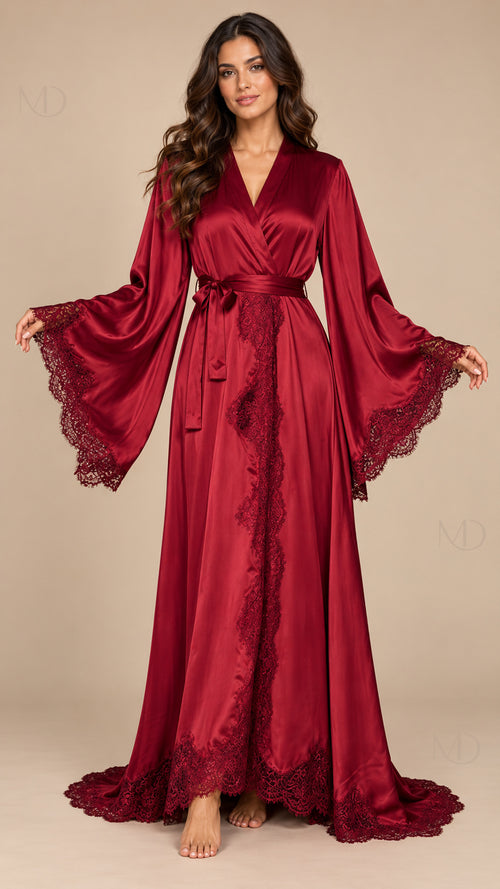 Isolde Lace Satin Robe wine red model front