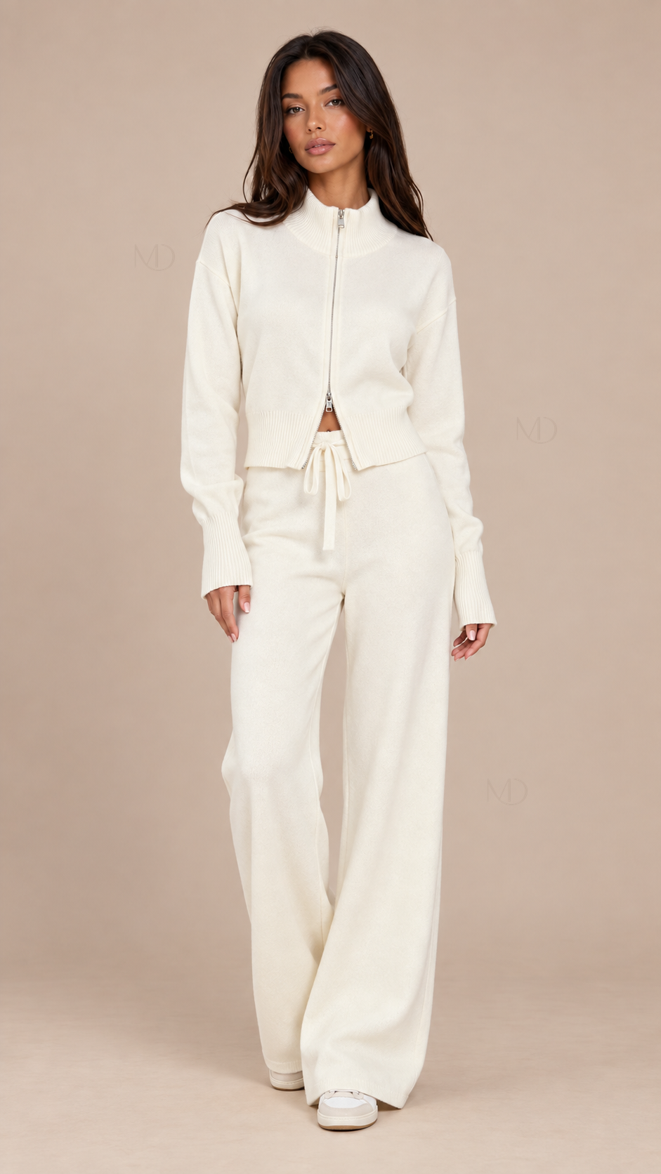 Sienna Double Zip Knit Set — Ivory model front