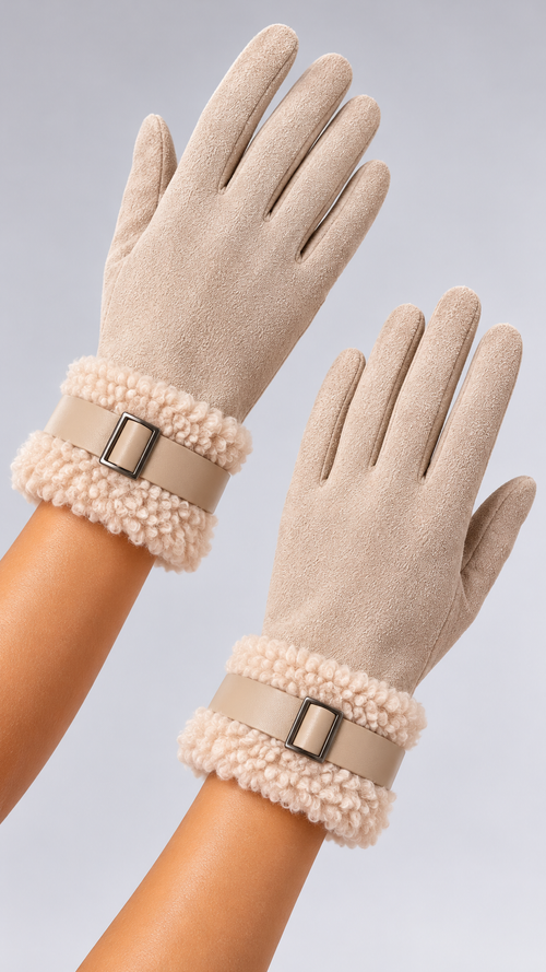 Annelise Shearling-Cuff Gloves — Ivory white worn closeup