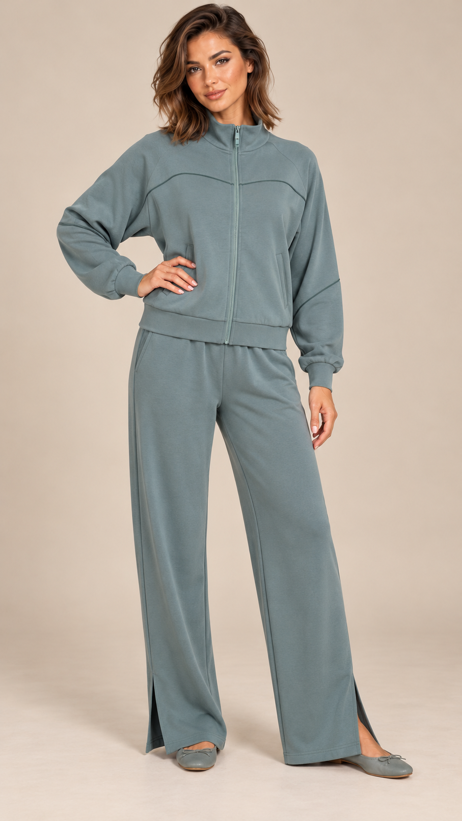 Saoirse Split-Hem Track Set — Jade Gray model front