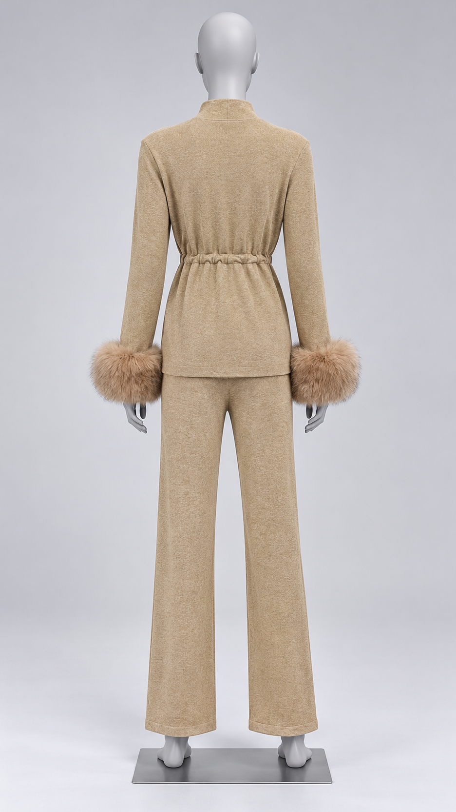 Solveig Tie-Waist Fur Set — khaki mannequin back