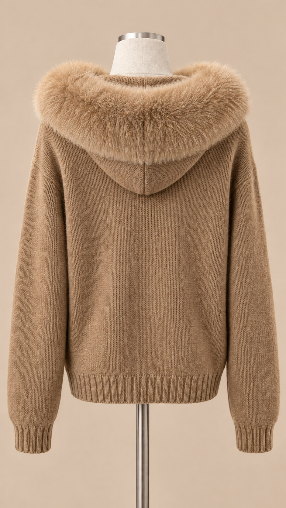Sable Fox-Collar Cardigan — khaki mannequin back