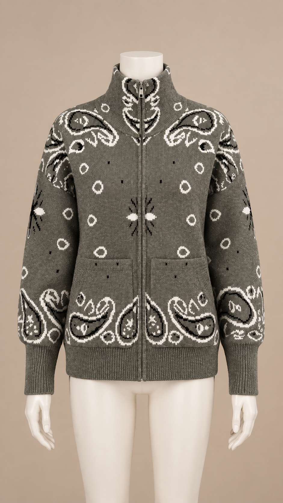 Sienna Paisley Zip Cardigan — khaki mannequin front