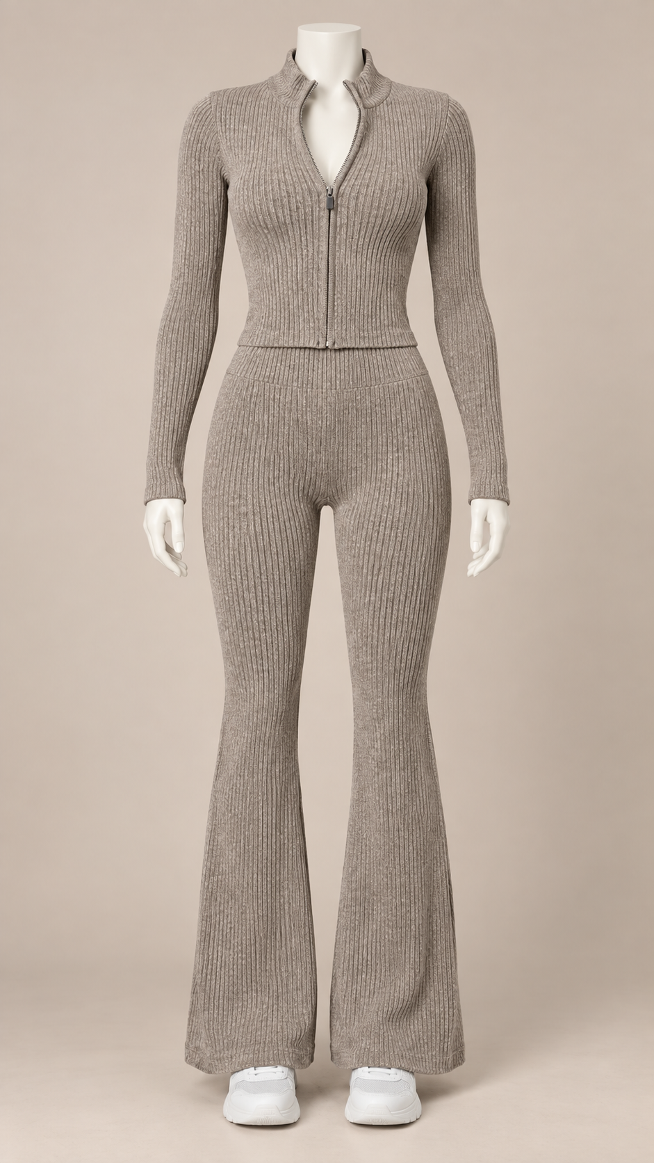 Nova Ribbed Flare Yoga Set — khaki mannequin front