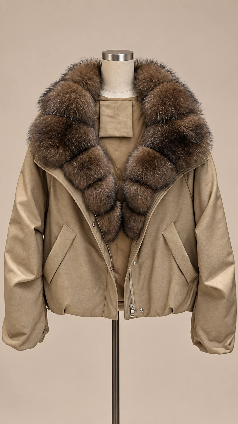 Seraphine Fur-Collar Puffer — khaki mannequin front