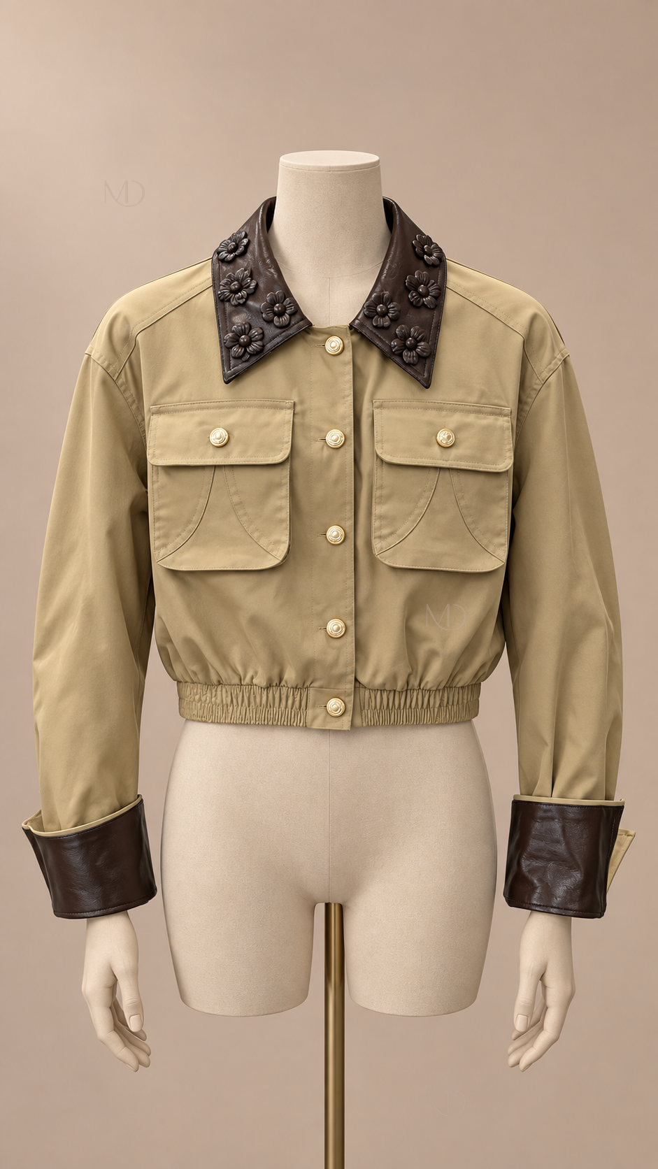 Wren Floral-Collar Work Jacket — khaki mannequin front