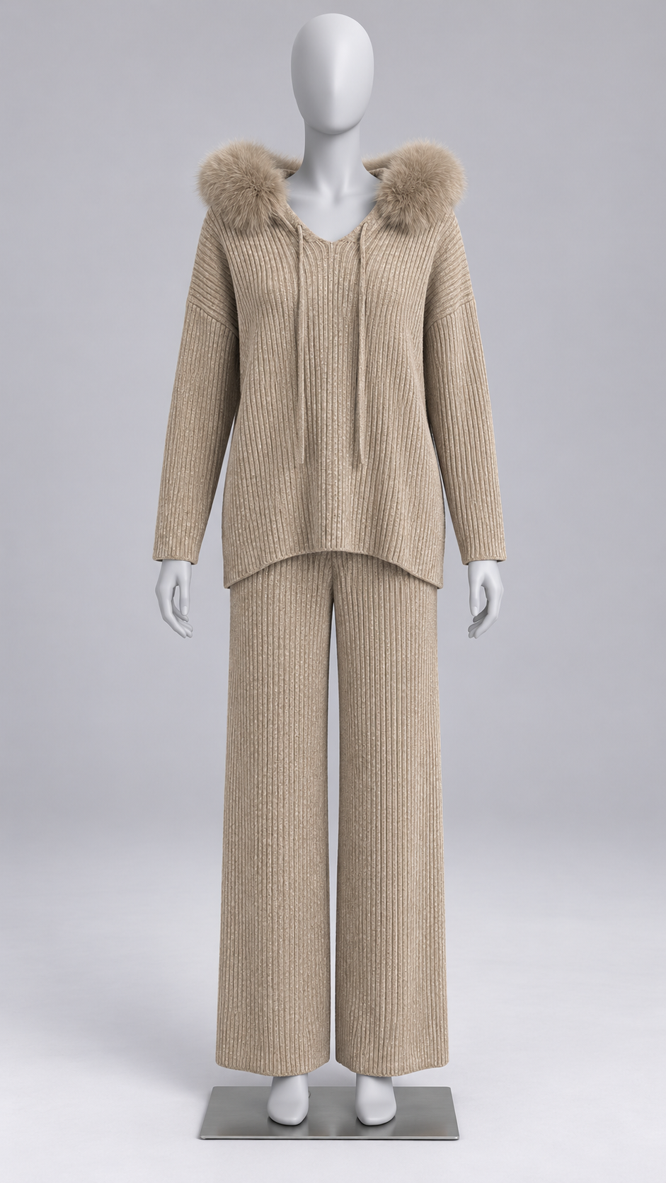 Wilma Fox-Hood Knit Set — khaki mannequin front