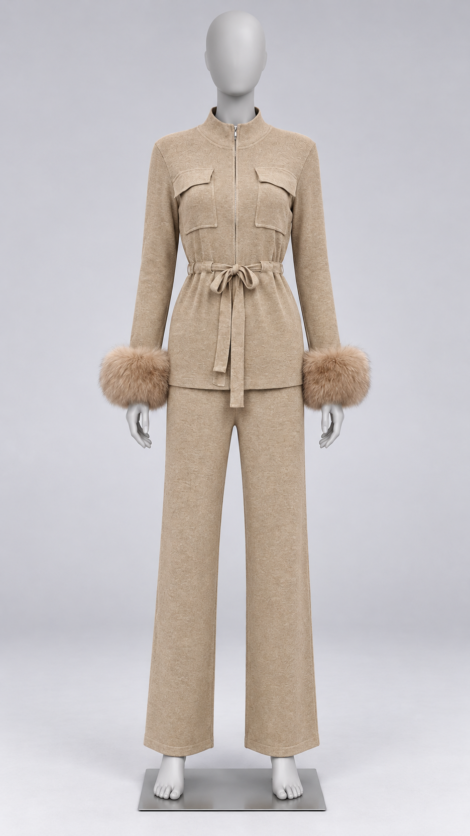 Solveig Tie-Waist Fur Set — khaki mannequin front