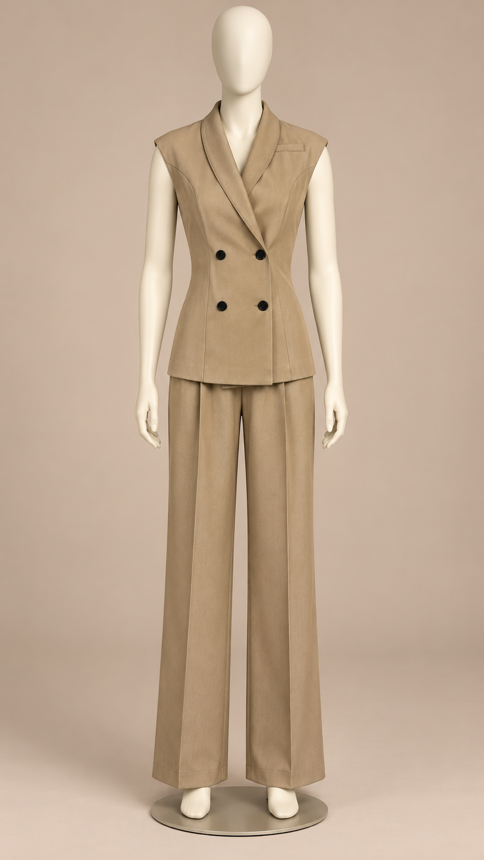 Rosalind Double-Breasted Vest Set — khaki mannequin front