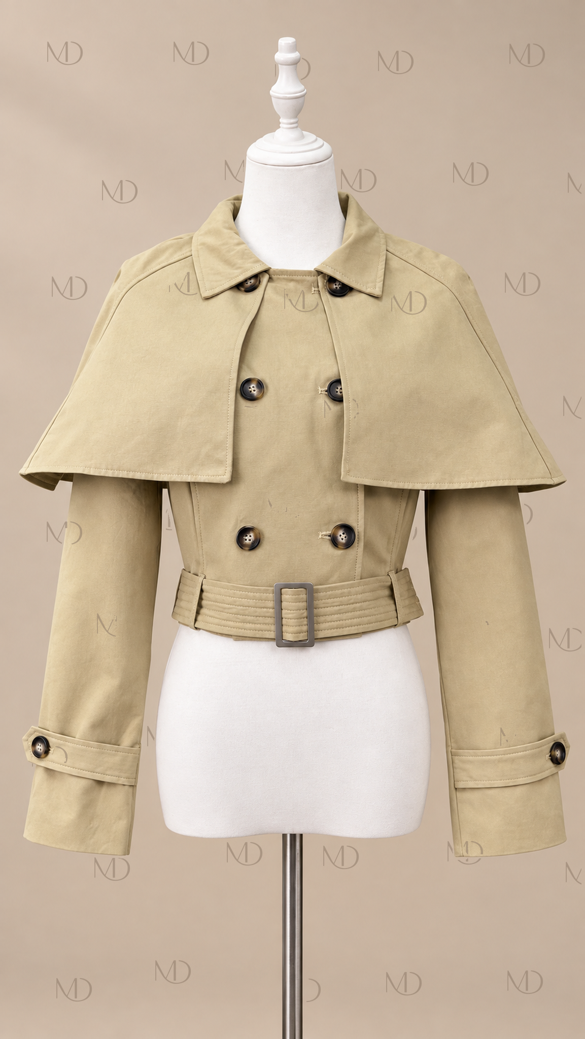 Harriet Caped Trench Jacket — khaki mannequin front