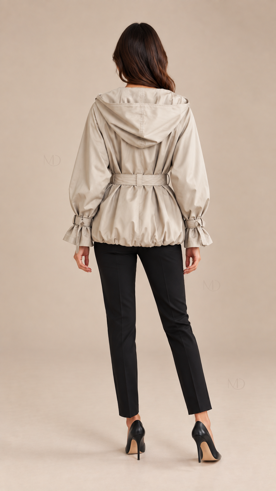 Harlow Hooded Trench Jacket — khaki model back