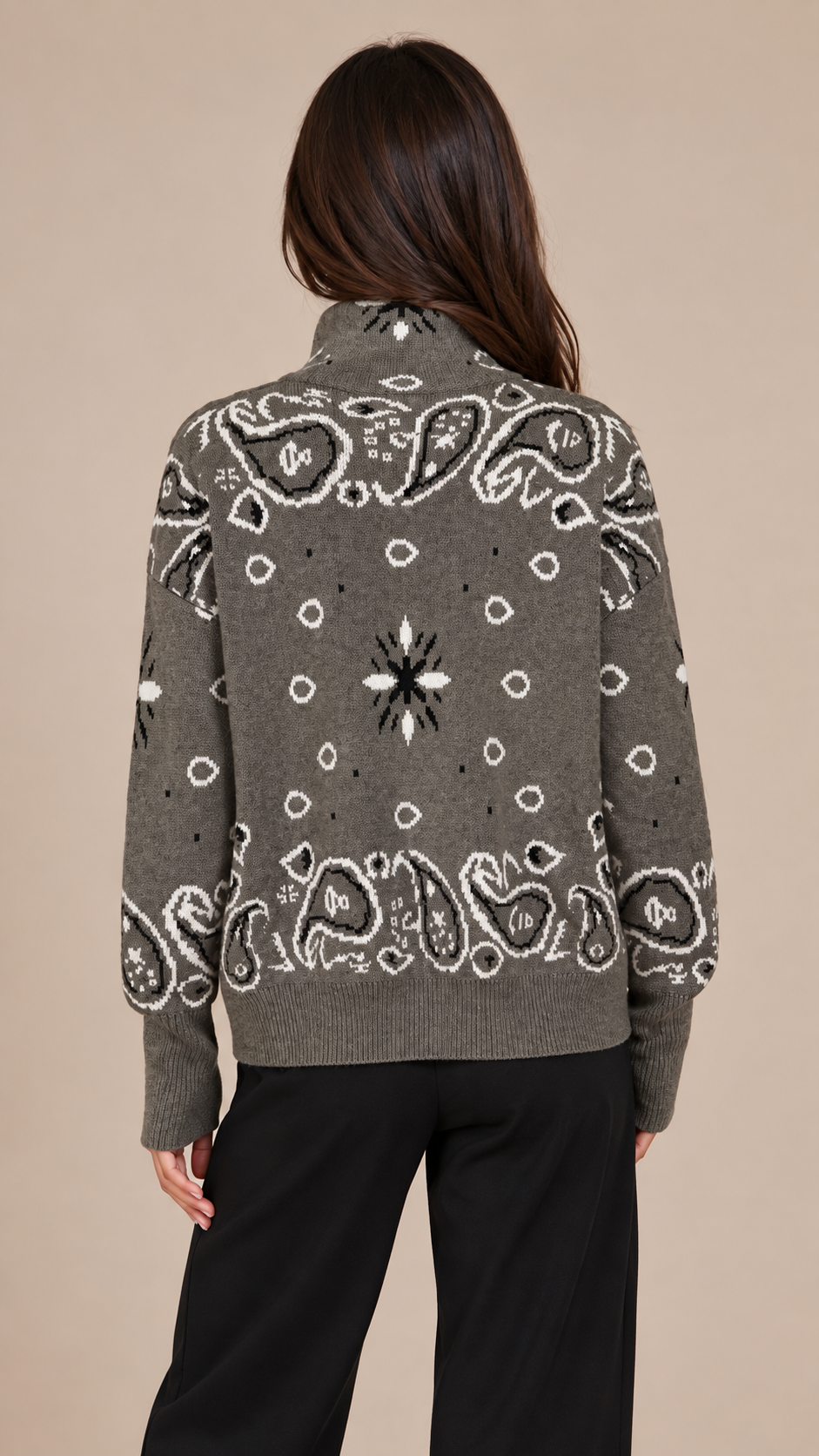 Sienna Paisley Zip Cardigan — khaki model back