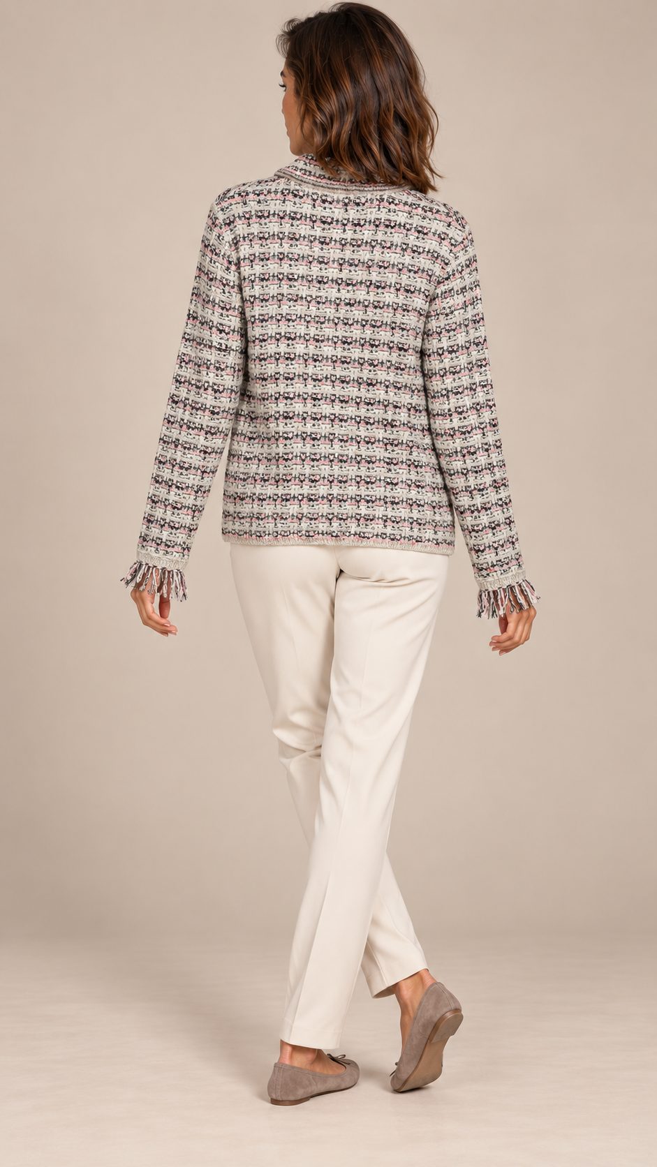 Marielle Fringed Cardigan — khaki model back