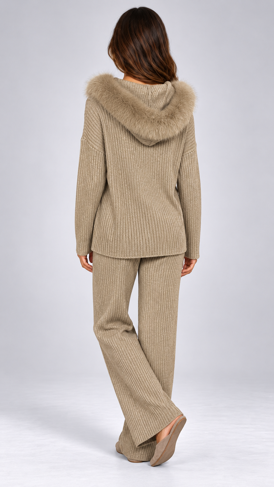 Wilma Fox-Hood Knit Set — khaki model back