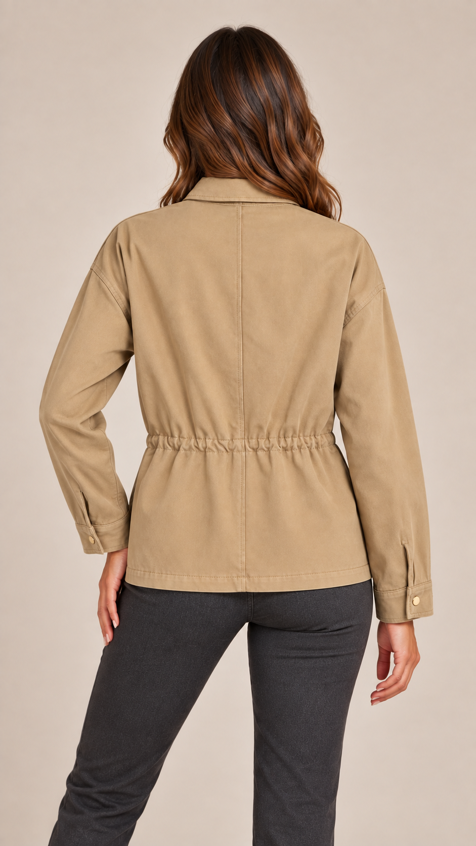 Sloane Drawstring Utility Jacket — khaki model back