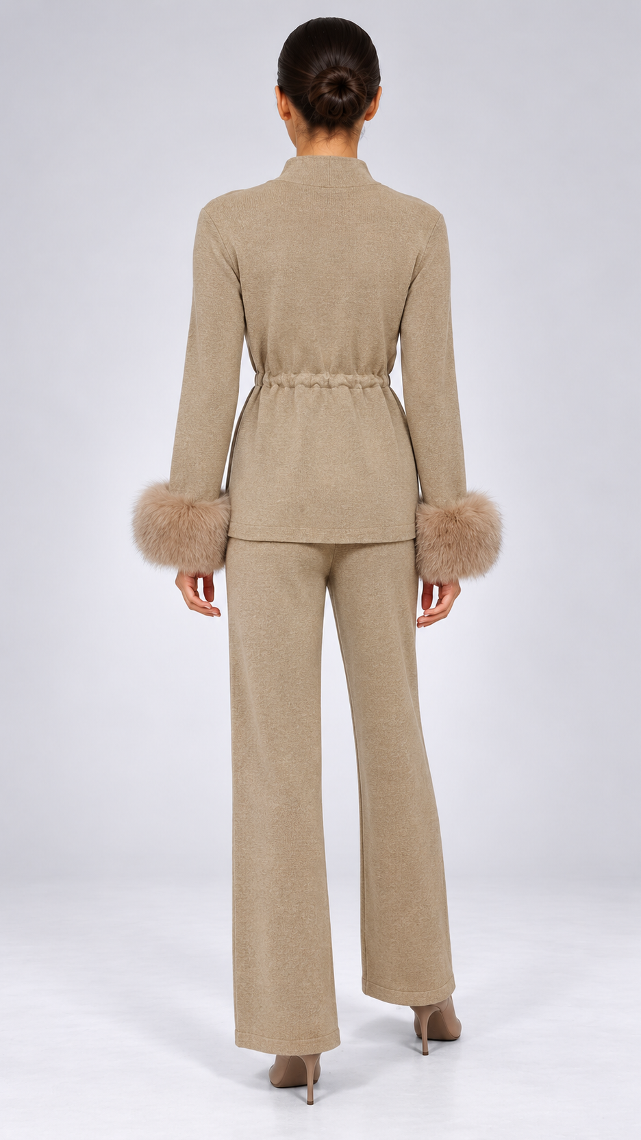 Solveig Tie-Waist Fur Set — khaki model back