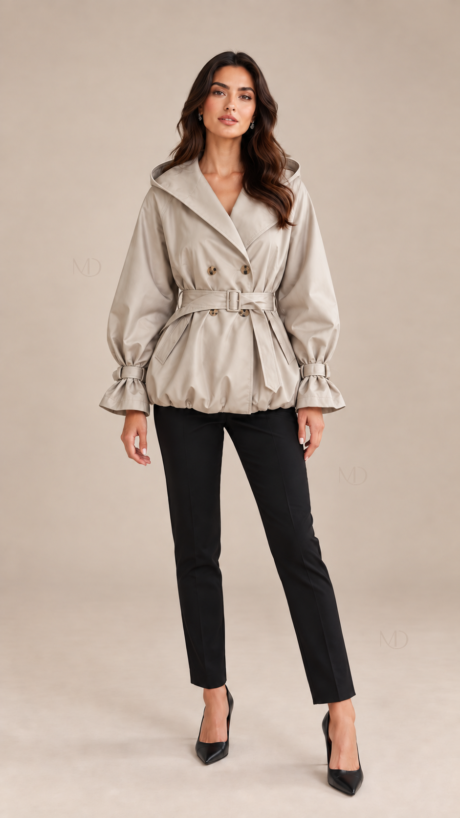 Harlow Hooded Trench Jacket — khaki model front