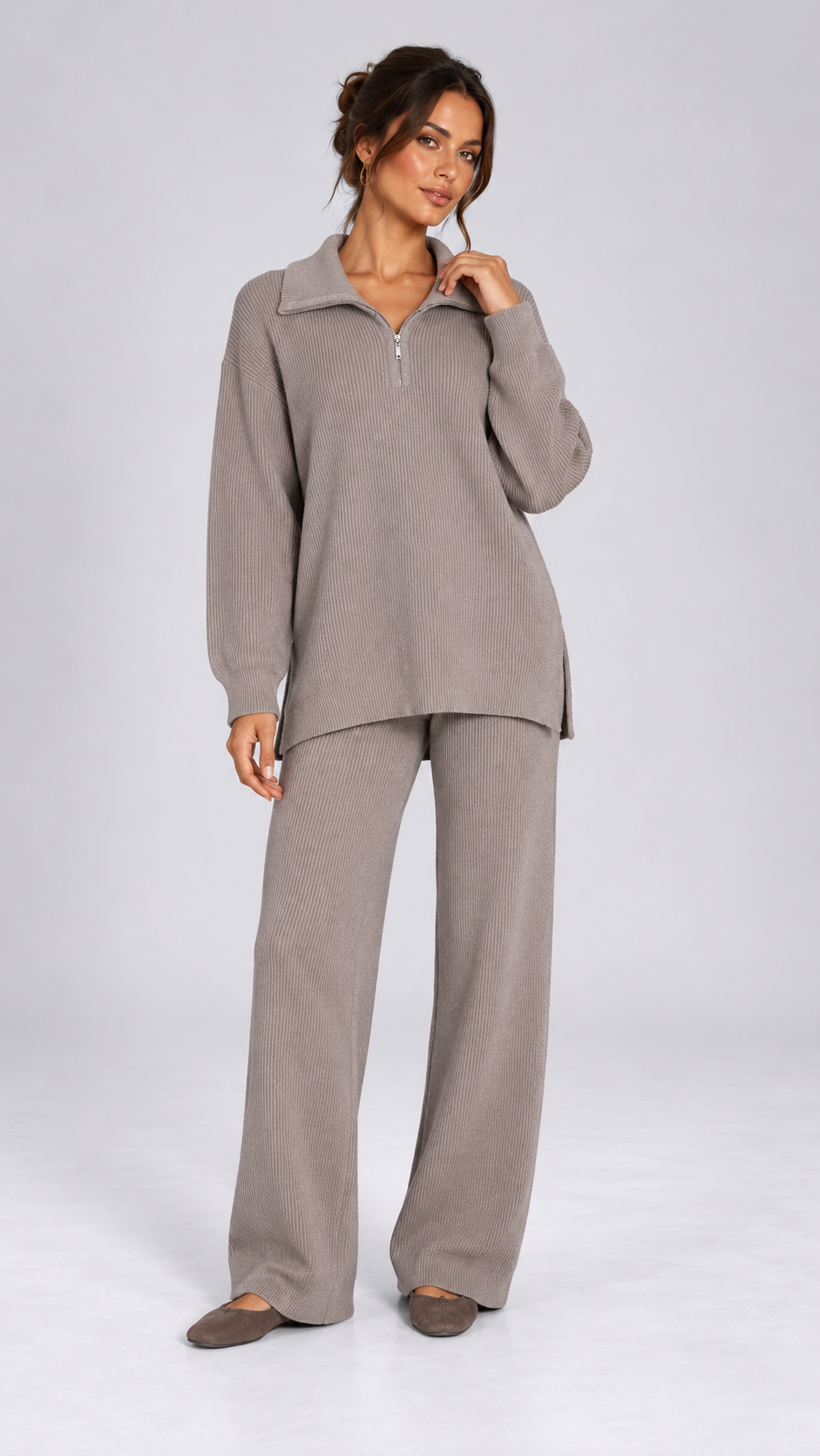 Elettra Half-Zip Knit Set — khaki model front