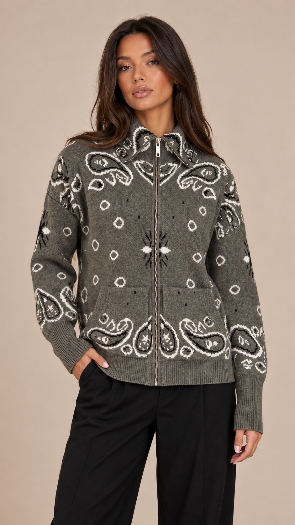 Sienna Paisley Zip Cardigan — khaki model front