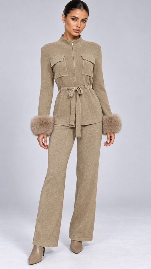 Solveig Tie-Waist Fur Set — khaki model front