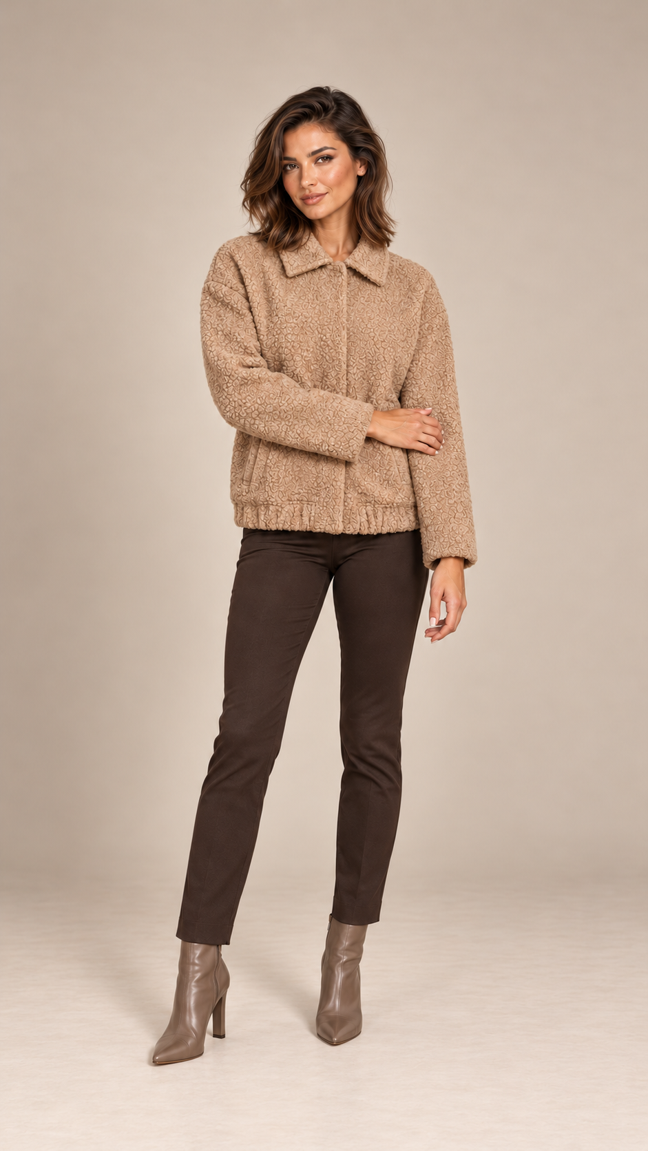 Allegra Teddy Shirt Jacket — khaki model front
