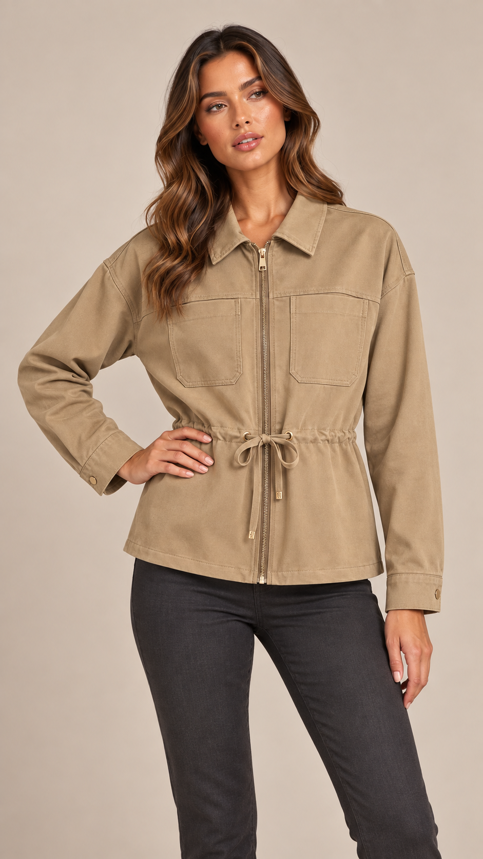 Sloane Drawstring Utility Jacket — khaki model front