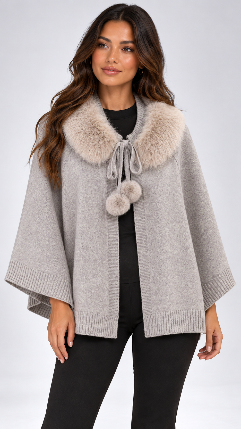 Zelie Pom-Pom Cape — khaki model front