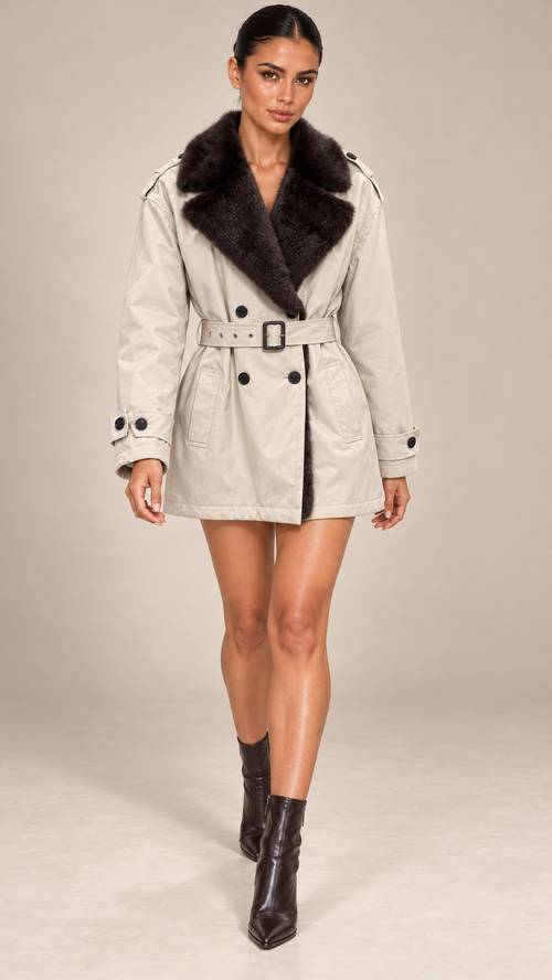 Brienne Mink-Lapel Trench — khaki model front